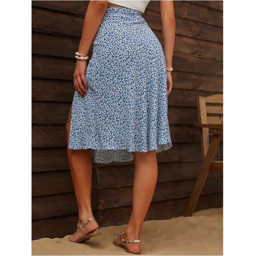 Floral Blue Leg Slit Flared Skirt - Picture 2 of 7